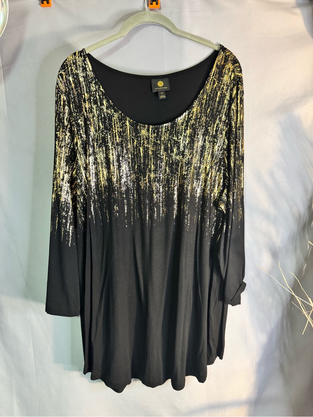 JM Collection Black Tunic with Gold Metallic Brushstroke Detail
